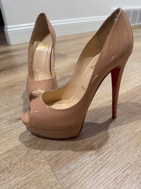 Christian Louboutin Nude Patent Peep-Toe Platform Stilettos